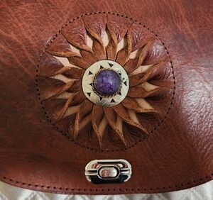 Moroccan Brown Leather Bag with Purple Stone Accent